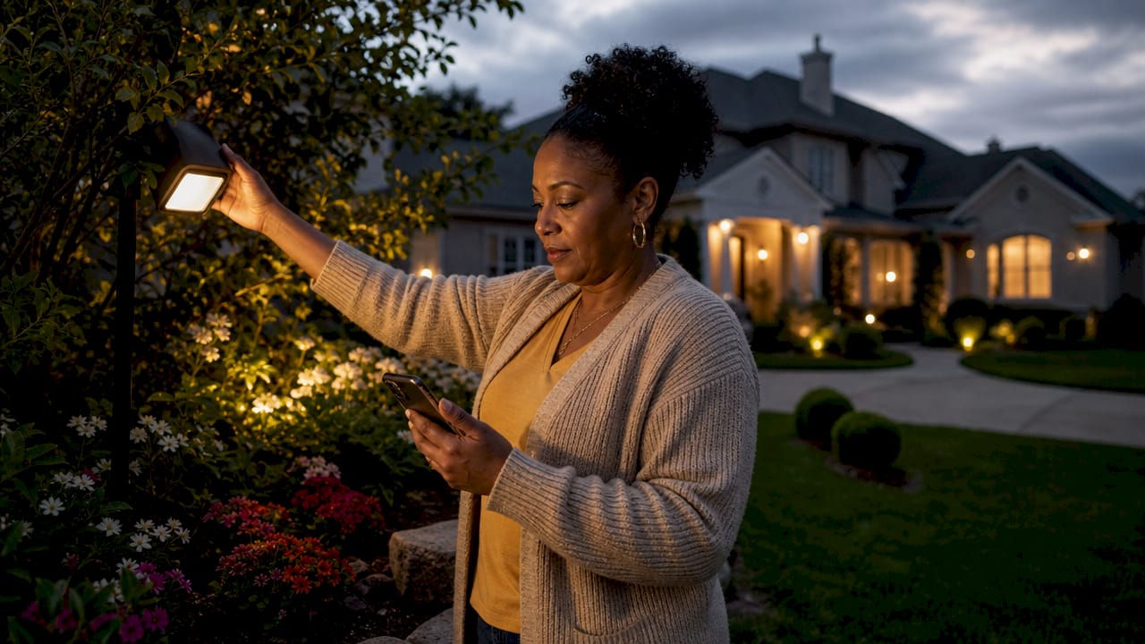 What Does Smart Lighting Mean Outdoors for Homeowners? Woman adjusting smart outdoor light in front yard
