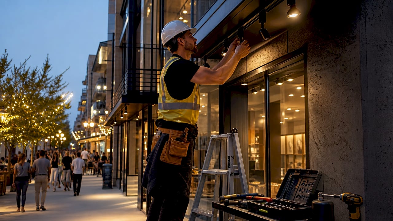 Technician installing outdoor LED lighting on building
