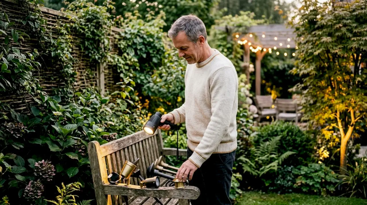 Homeowner planning landscape lighting in backyard