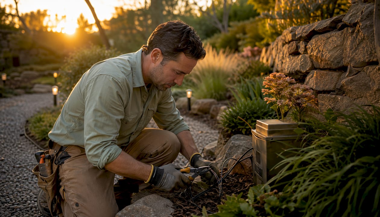 Electrician wiring landscape lighting in garden