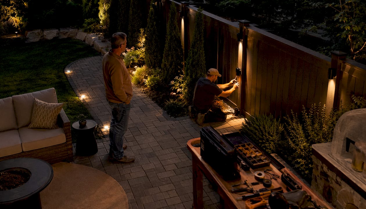 Technician installing permanent outdoor lights