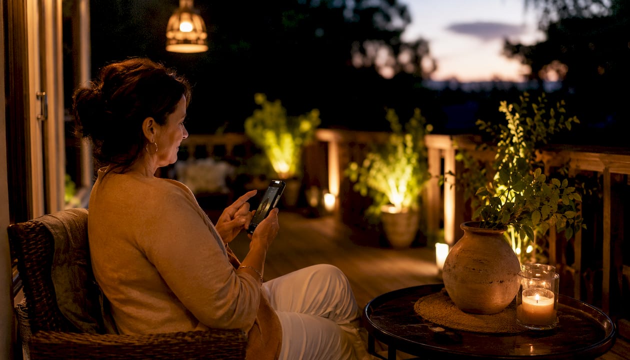 Smart Landscape Lighting App Control: 2026 Guide Woman controlling landscape lighting with smartphone