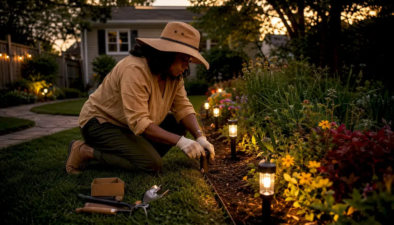 Woman installing garden lighting around flower beds