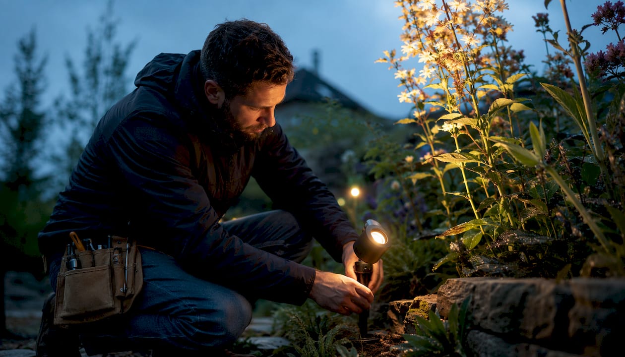 Man adjusting uplighting spotlight in garden
