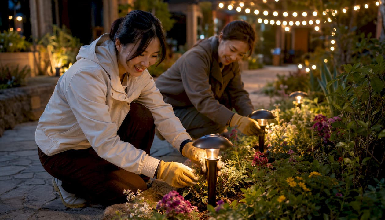 Women installing pathway lights beside flower bed