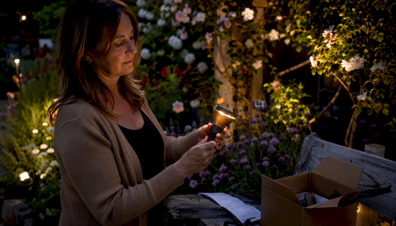 The Role of Outdoor Accent Lighting for Your Home Woman inspecting LED outdoor accent lighting fixture