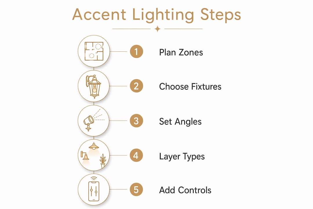 The Role of Outdoor Accent Lighting for Your Home Infographic showing key steps of outdoor accent lighting design