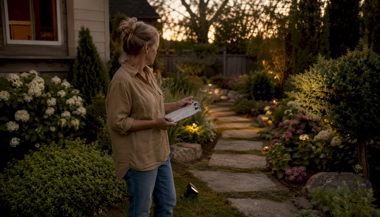 Homeowner reviewing outdoor lighting preparation