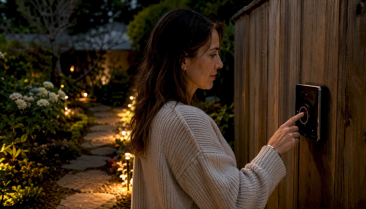 Landscape Lighting Seasonal Adjustments for Homeowners Hands adjusting smart lighting controller outdoors