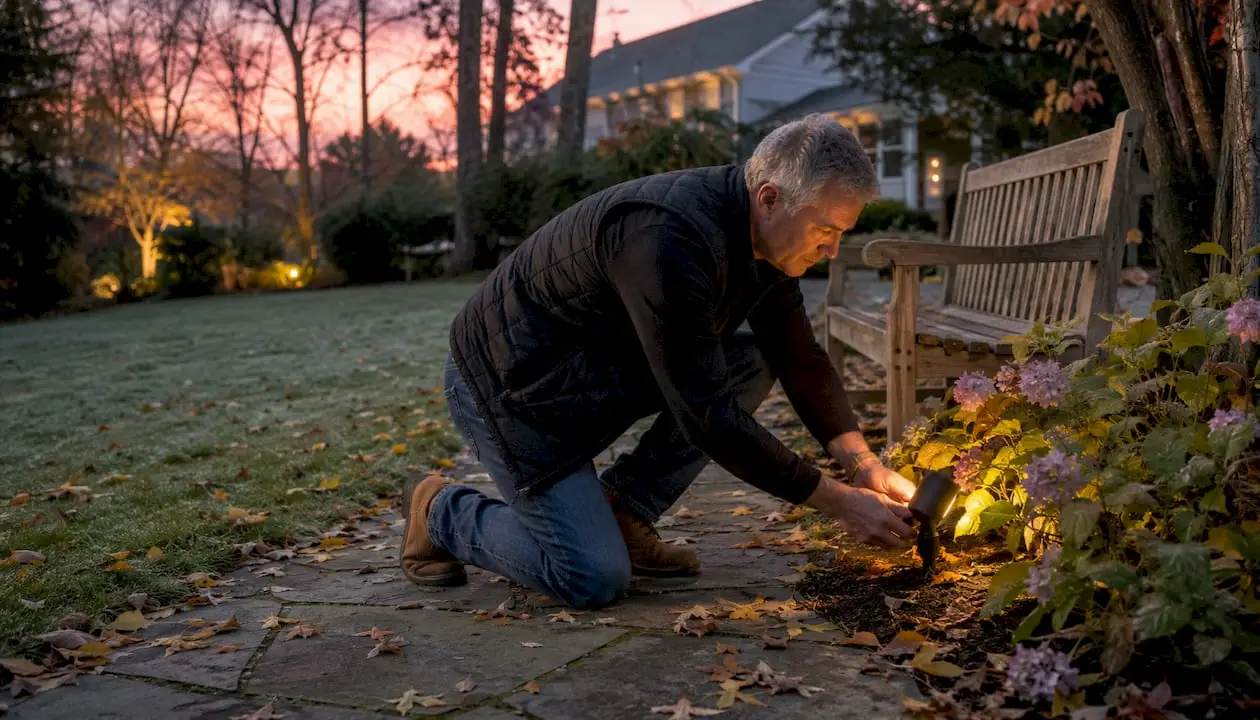 Landscape Lighting Seasonal Adjustments for Homeowners Man adjusting outdoor landscape light at twilight