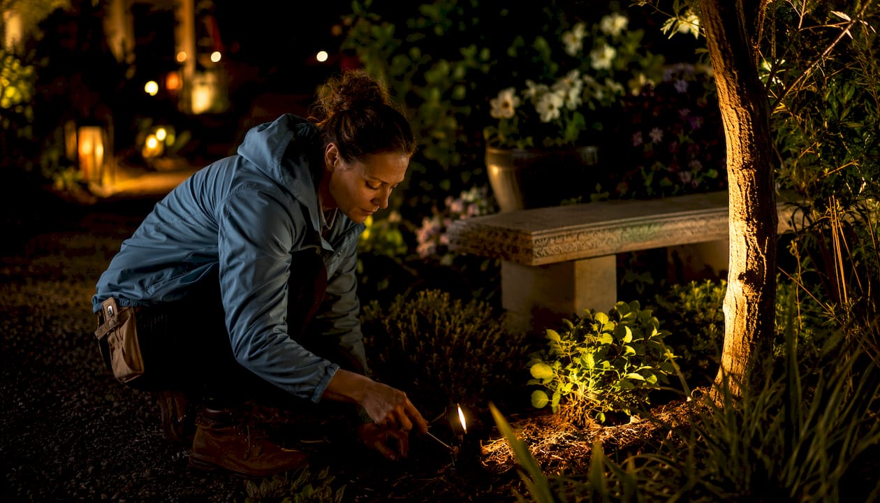Landscape Lighting Seasonal Adjustments for Homeowners Woman adjusting uplight fixture near tree outdoors