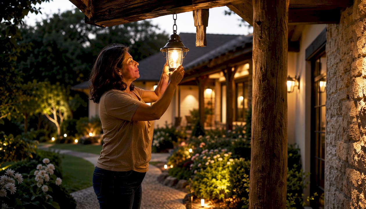 Woman adjusting exterior wall sconce at home porch