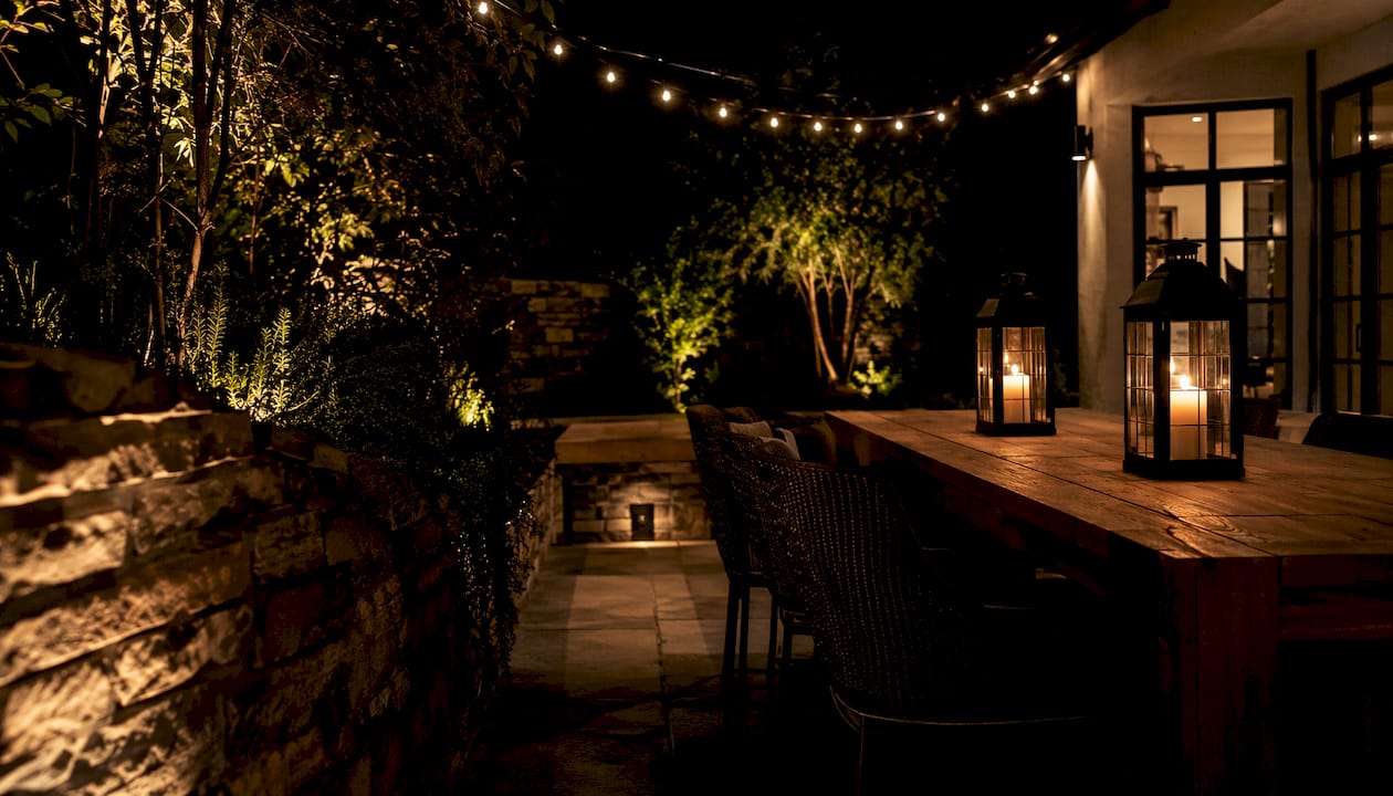 Night garden with contrasting exterior lighting highlights