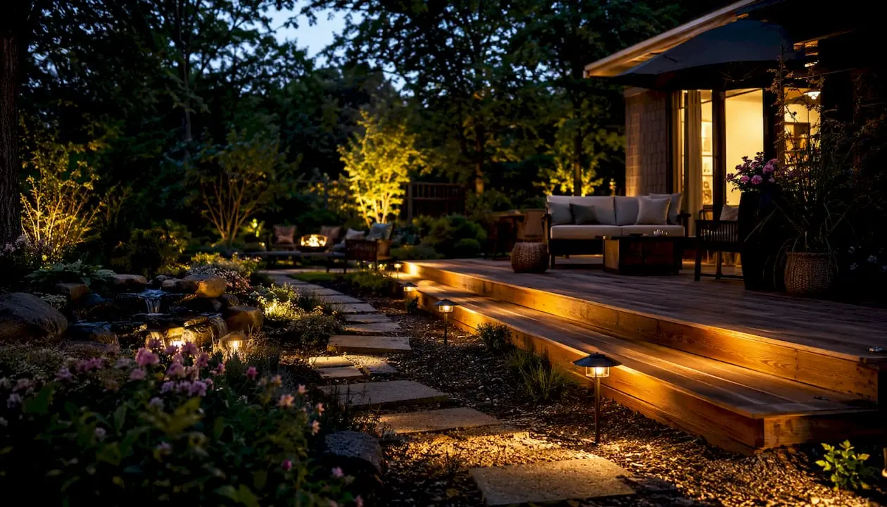 The Role of Lighting in Landscaping: A Homeowner's Guide Dusk view of layered landscape lighting in a front yard