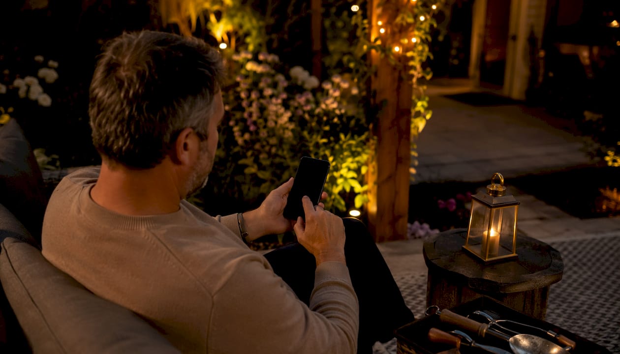 The Role of Lighting in Landscaping: A Homeowner's Guide Man adjusting smart LED landscape lighting at home