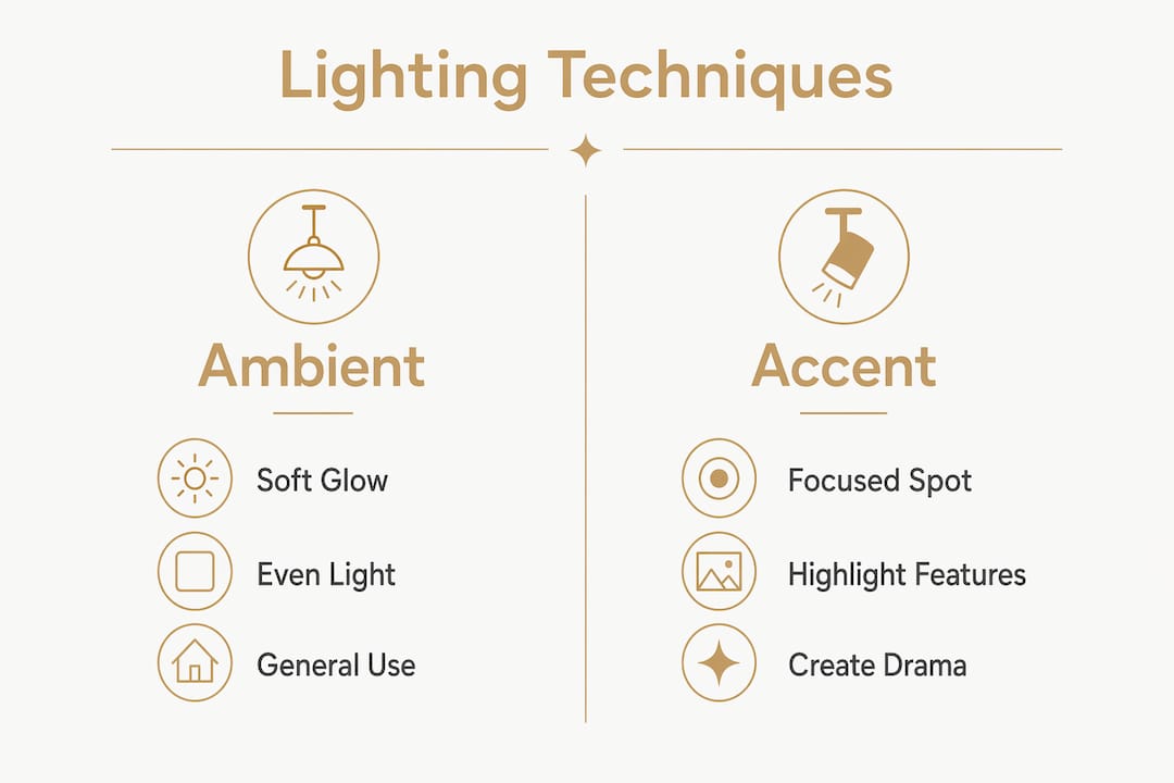 The Role of Lighting in Landscaping: A Homeowner's Guide Infographic showing comparison of ambient and accent lighting techniques