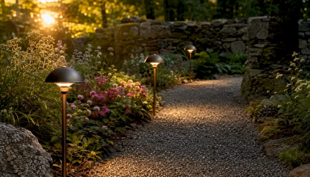 Path Lighting Explained: Safe, Stylish Walkways for Homeowners Traditional stake-style garden path lights glowing
