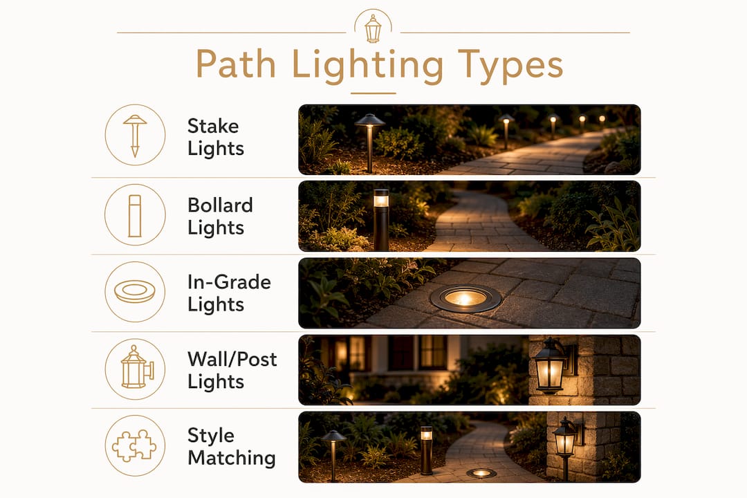 Path Lighting Explained: Safe, Stylish Walkways for Homeowners Infographic showing main path lighting types