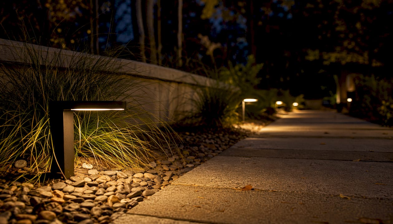 Staggered path lights along garden walkway