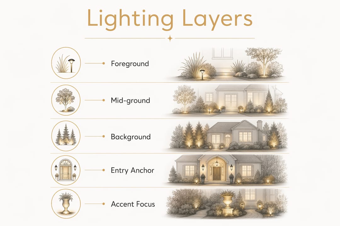 Infographic illustrating landscape lighting layering