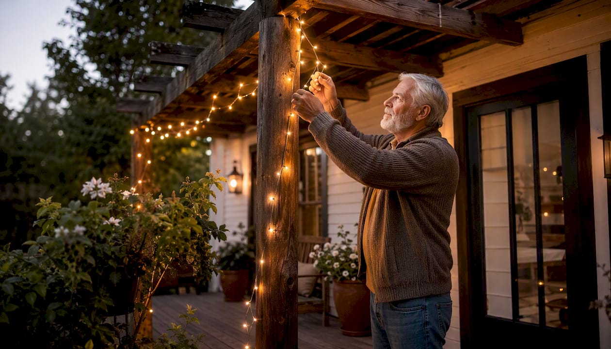 Elderly man decorating porch column with string lights