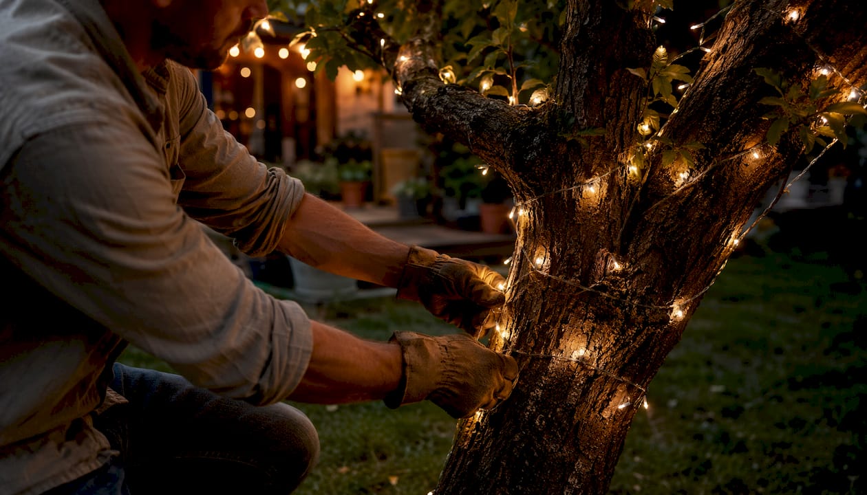 Hands wrapping LED lights on tree trunk outdoors