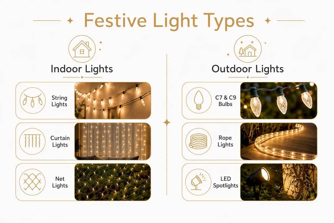 Infographic comparing indoor and outdoor festive light types