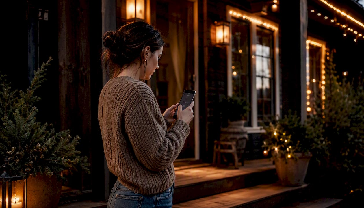 Woman controlling holiday outdoor lights via phone
