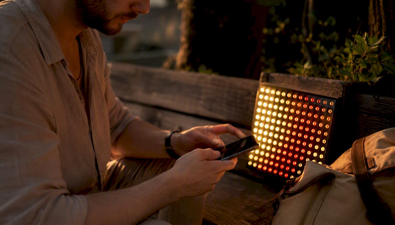 Man controlling LED matrix with phone outdoors