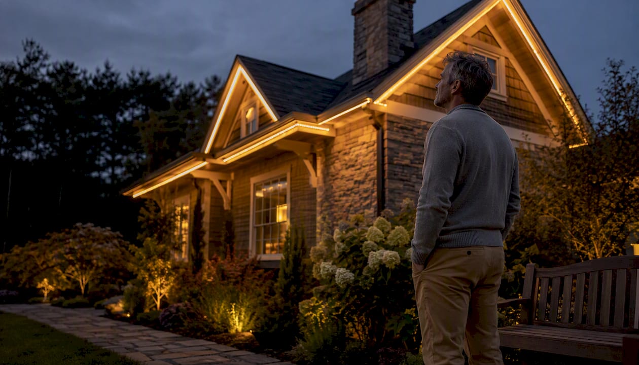 Why Roofline Lighting Beats String Lights for Homeowners Homeowner inspecting roofline LED lighting at dusk