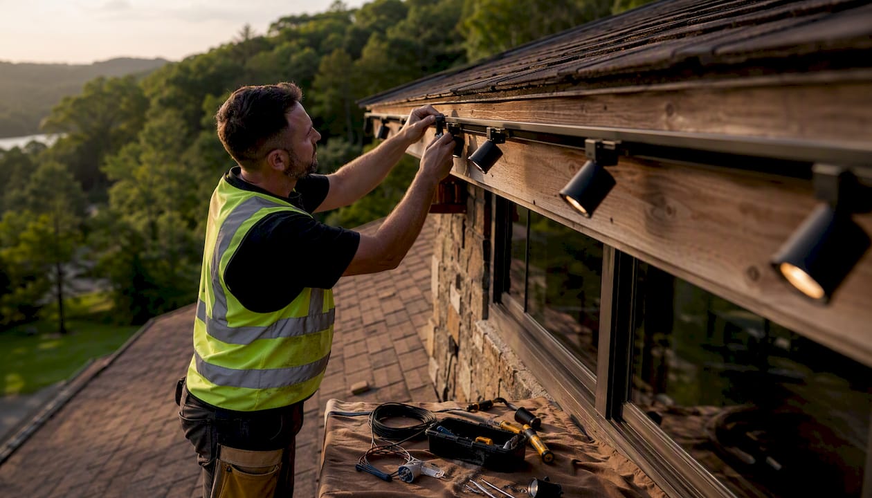 Why Roofline Lighting Beats String Lights for Homeowners Technician installing permanent roofline lighting on roof