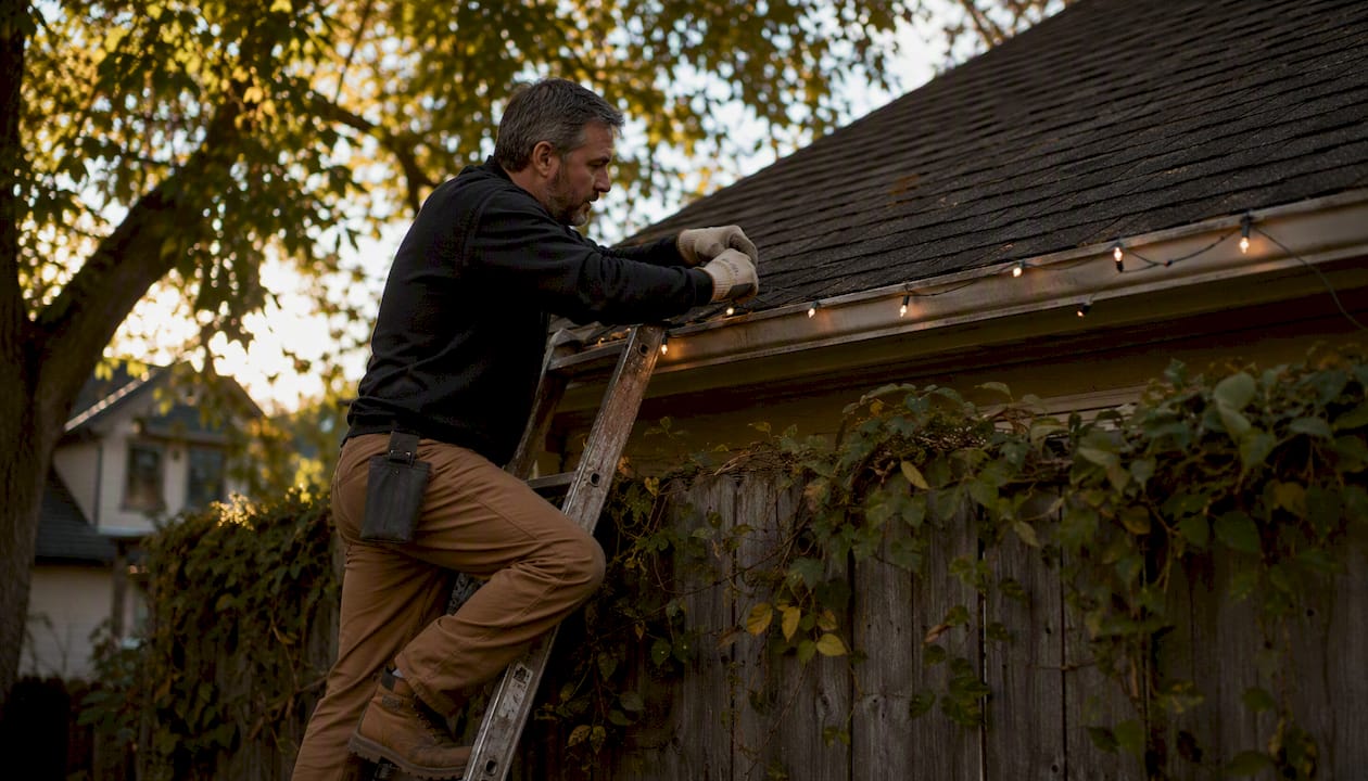 Why Roofline Lighting Beats String Lights for Homeowners Homeowner climbing ladder to hang seasonal string lights