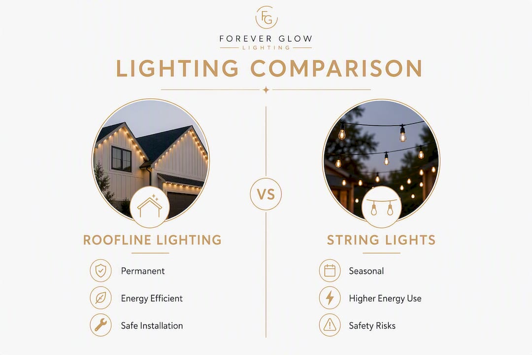 Why Roofline Lighting Beats String Lights for Homeowners Infographic comparing roofline lighting and string lights