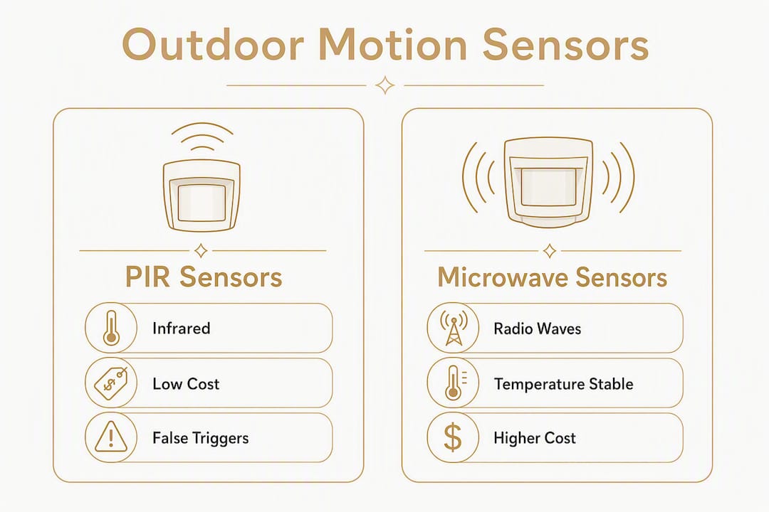 Role of Motion Sensors Outdoors: A Homeowner's Guide Infographic comparing PIR and Microwave sensors
