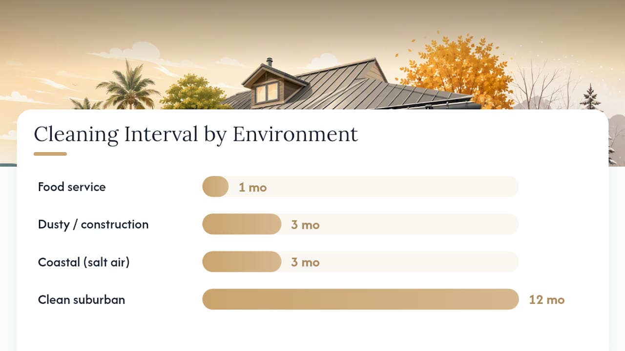Cleaning and inspection frequency by environment for roofline lighting