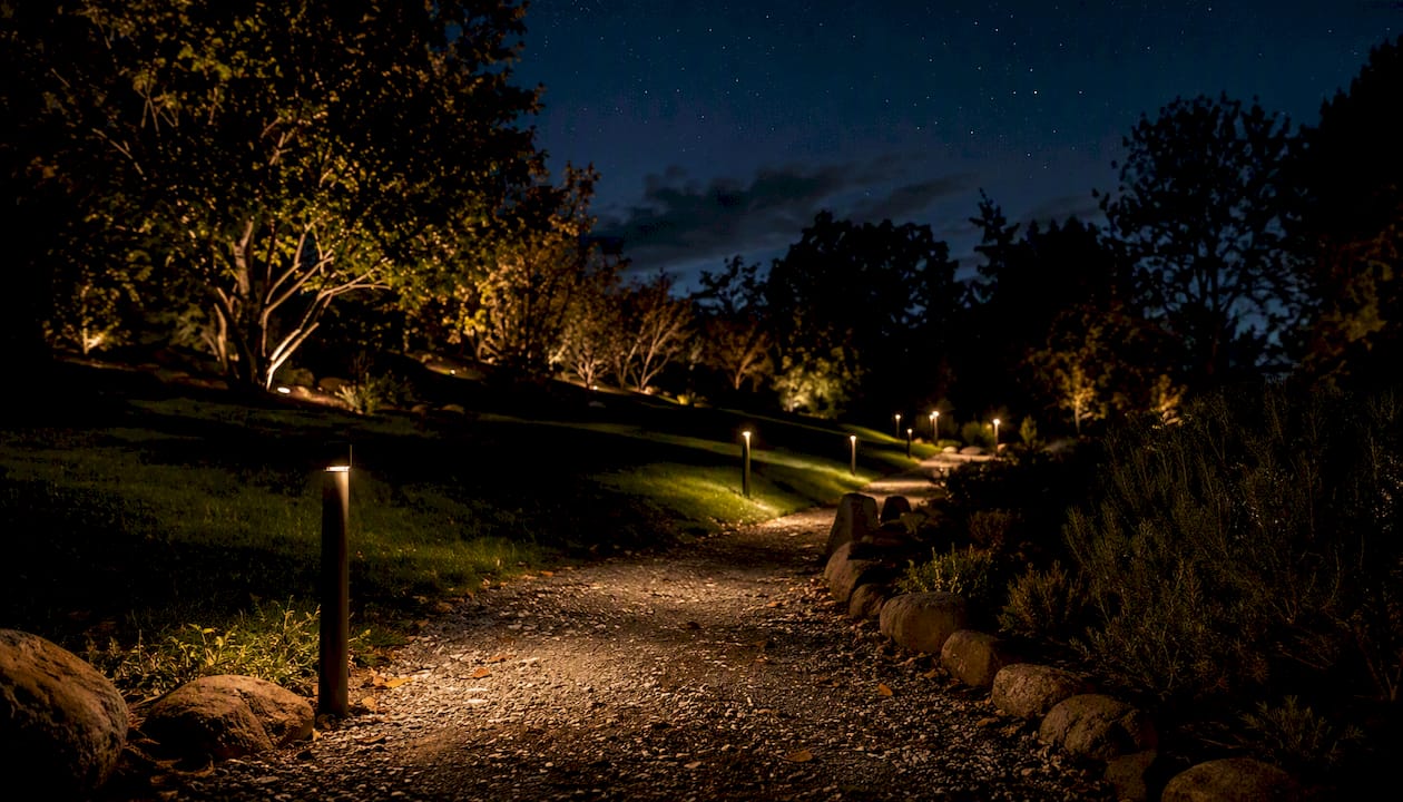 Warm lit garden pathway with bollard lights