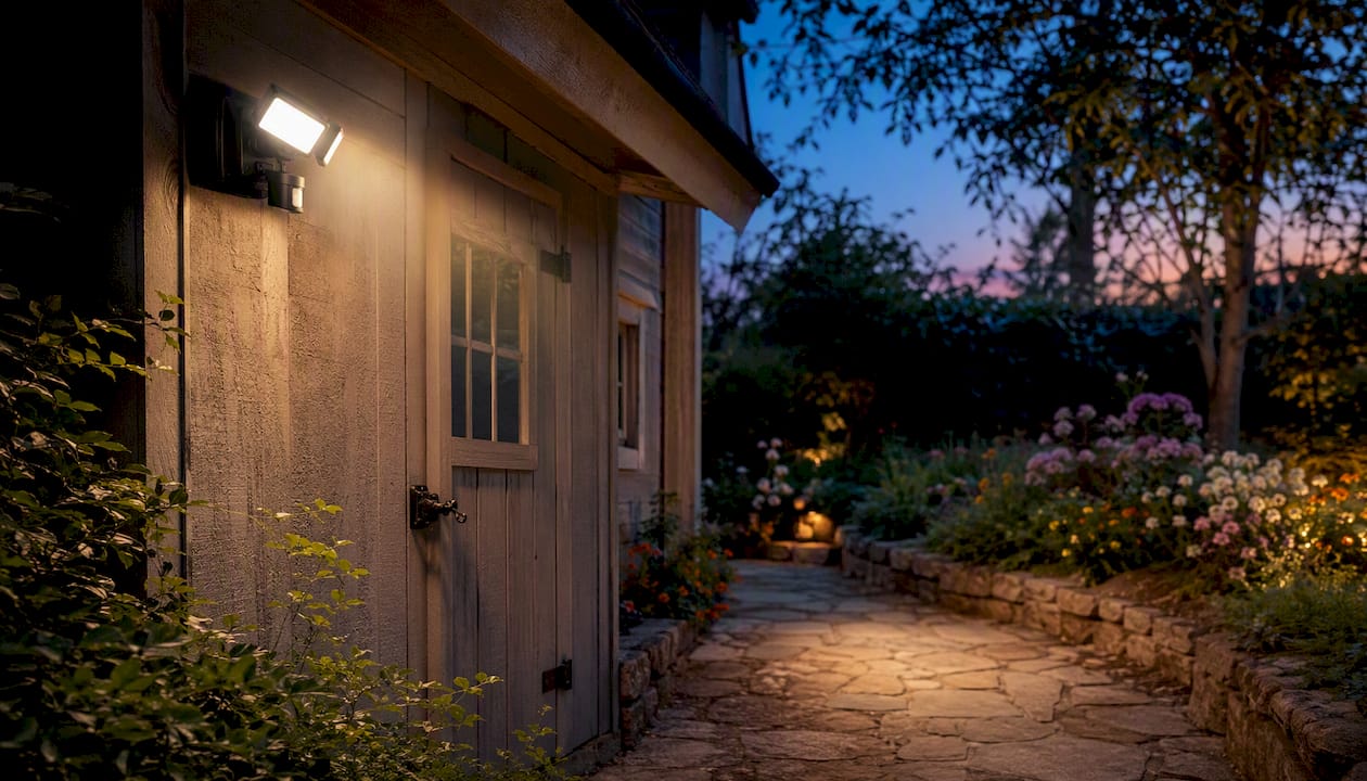 Motion-activated floodlight illuminating driveway