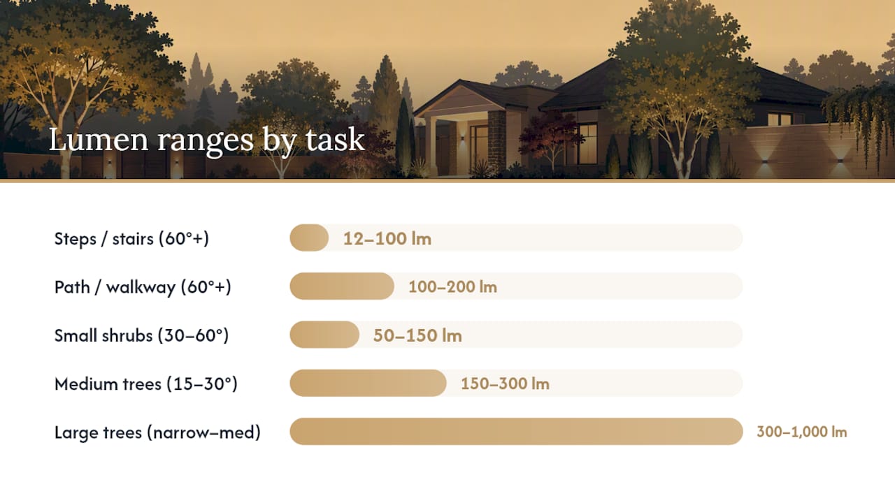 Landscape Lighting Brightness Levels: A Homeowner's Guide Diagram of lumen targets by landscape lighting task