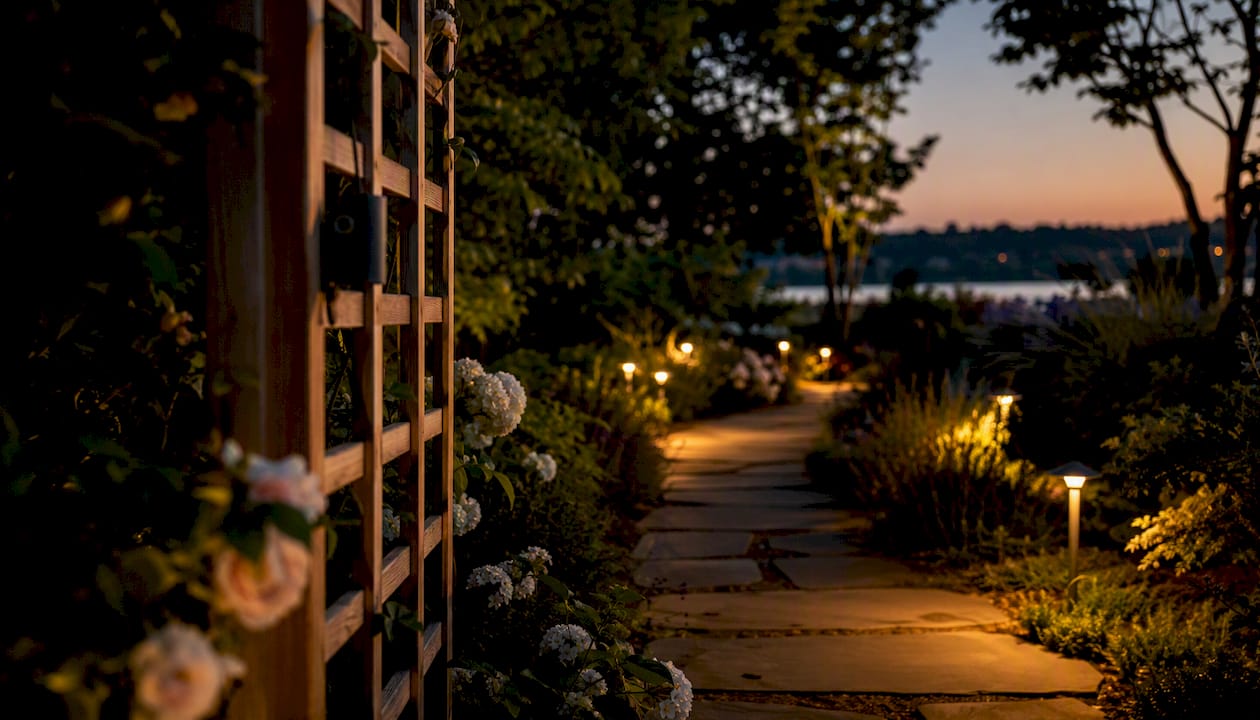 Twilight garden path with dusk-to-timer lighting