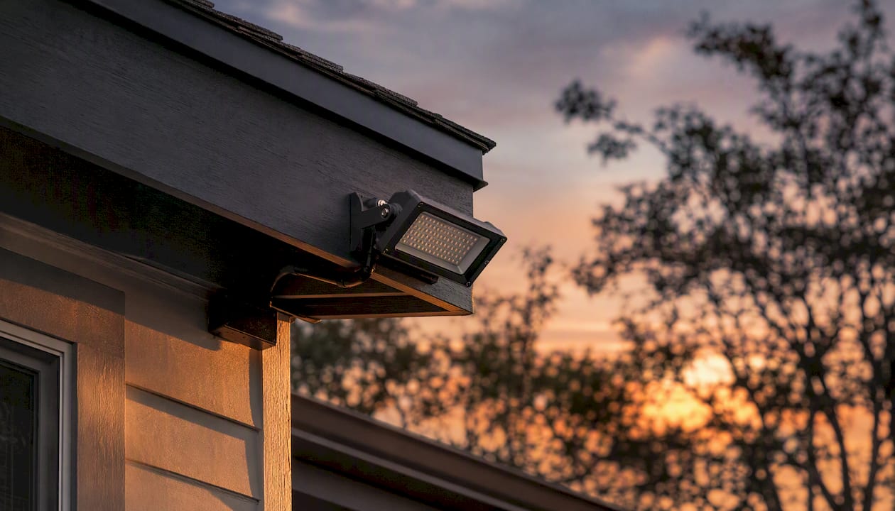 Integrated LED floodlight fixture on roofline corner