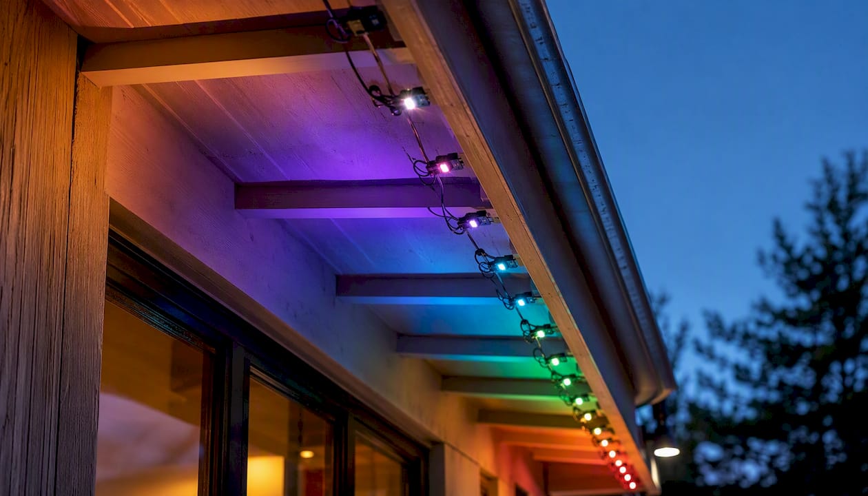 Colorful addressable RGB LED pixels under roof eave