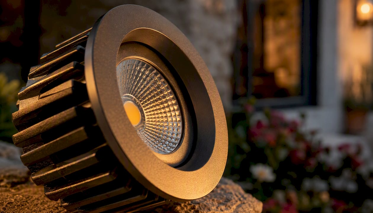 Outdoor Spotlight Types: A Homeowner's Complete Guide Close-up of integrated LED spotlight heat sink and emitter