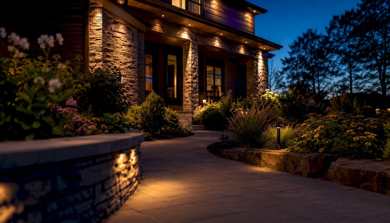 Outdoor Spotlight Types: A Homeowner's Complete Guide Suburban home with warm integrated LED outdoor spotlights at dusk