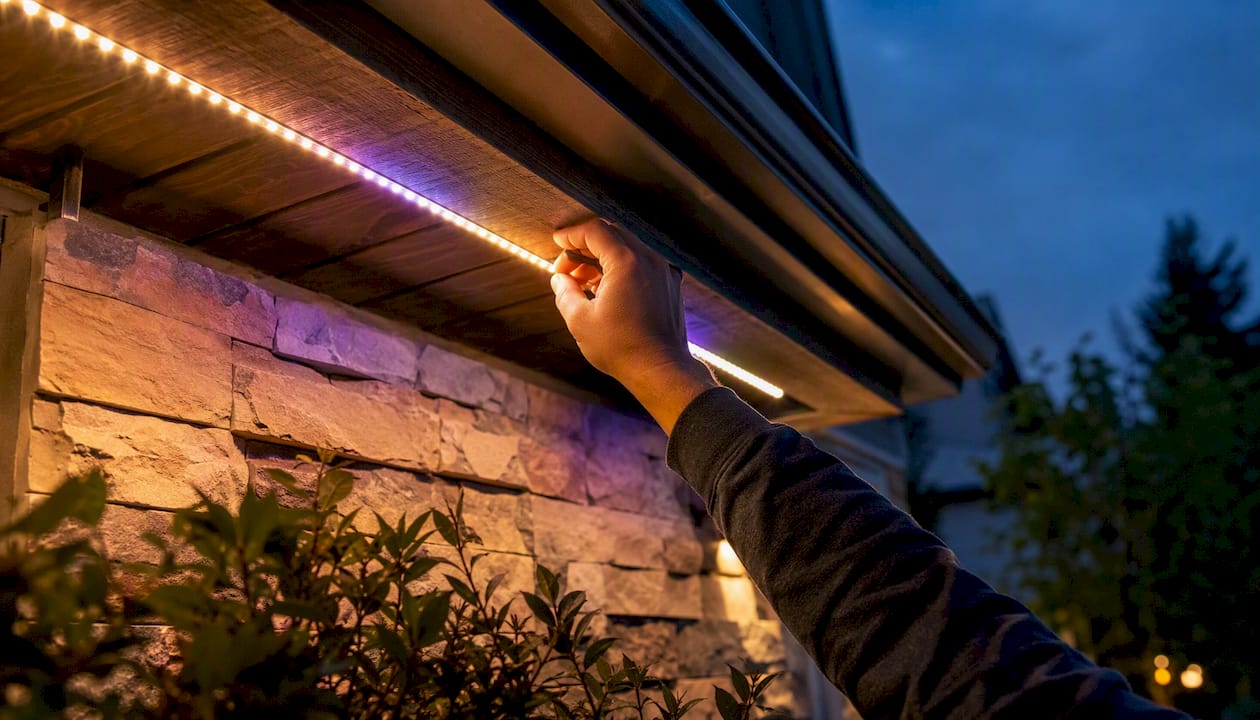 How RGBW Lighting Works Outdoors: A Practical Guide Hand adjusting RGBW LED strip under roof eave at dusk