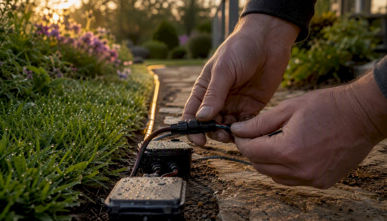 How RGBW Lighting Works Outdoors: A Practical Guide Hand connecting RGBW power injection in garden lighting