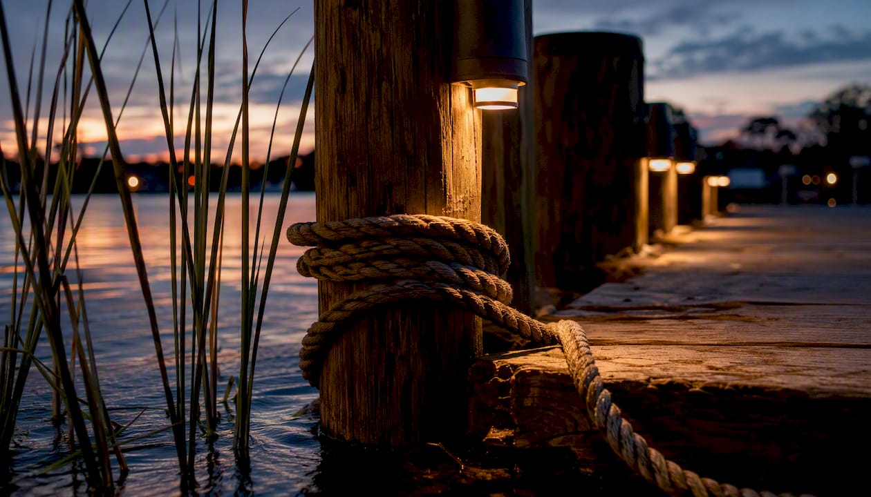 Dock Lighting Regulations: What Property Owners Must Know Dusk dock with warm LED lighting on pilings