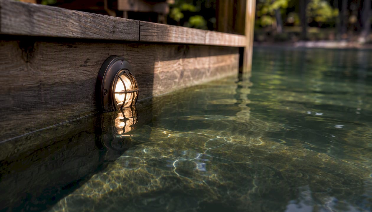 Dock Lighting Regulations: What Property Owners Must Know Close-up of underwater marine dock light in water