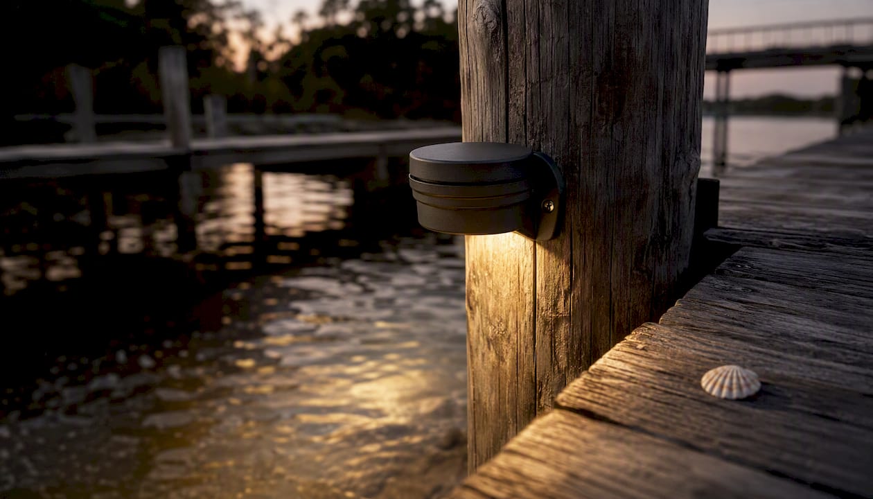 Dock Lighting Regulations: What Property Owners Must Know Piling light on wooden dock post at golden hour