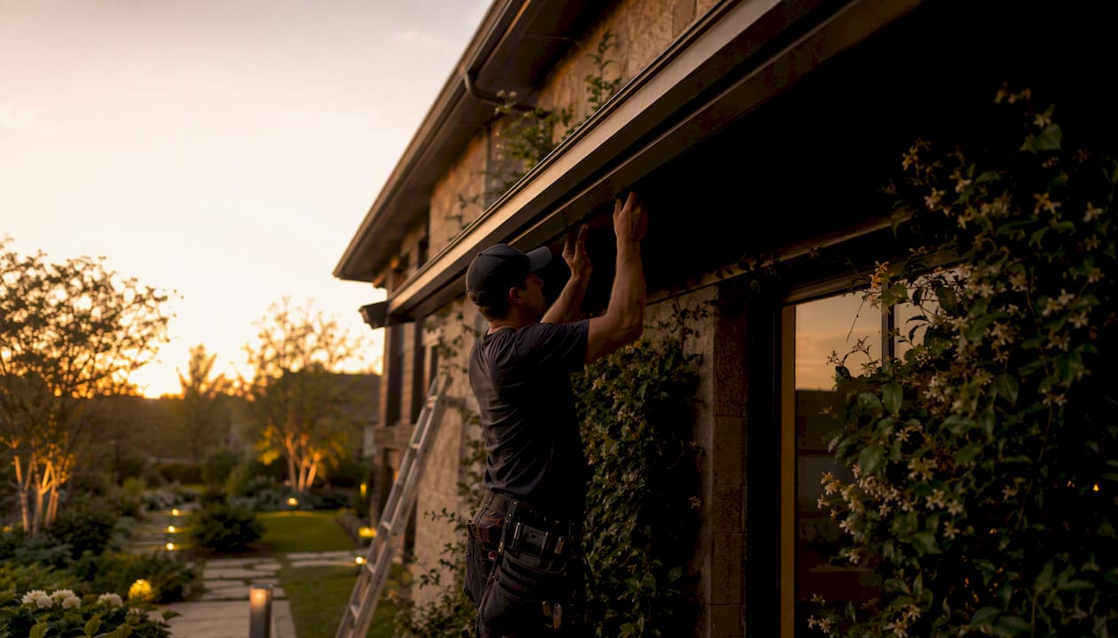 Roofline Lighting That Blends Invisible by Day Installer adjusting invisible roofline LED lighting
