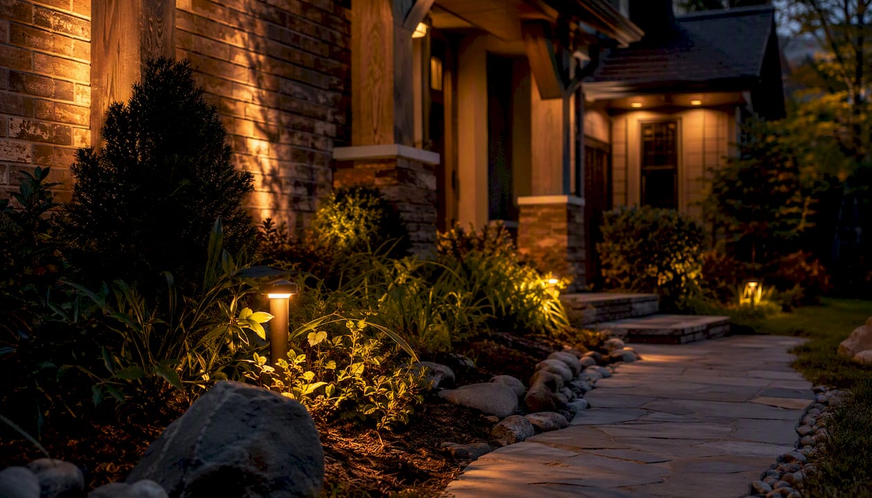 Outdoor Lighting Color Wheel: A Homeowner's Guide Warm white LED outdoor lighting near stone path